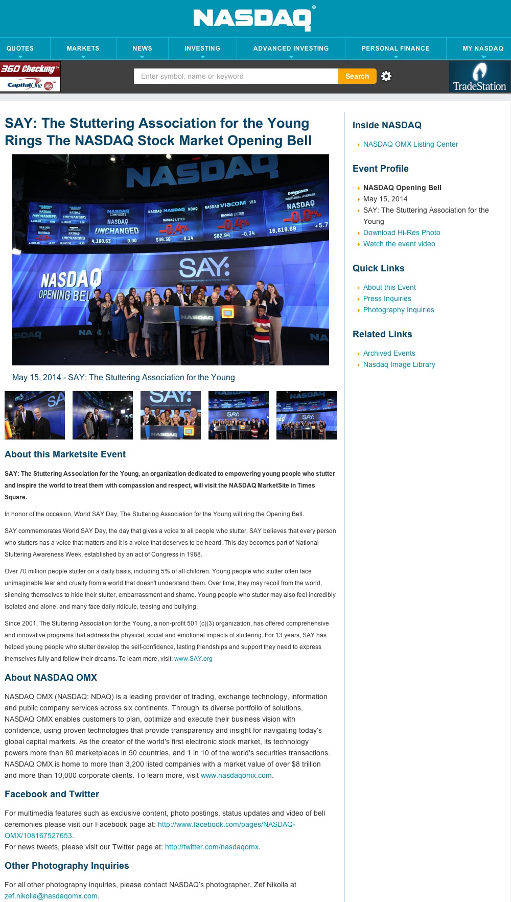 The Stuttering Association for the Young Rings the NASDAQ Stock Market Opening Bell