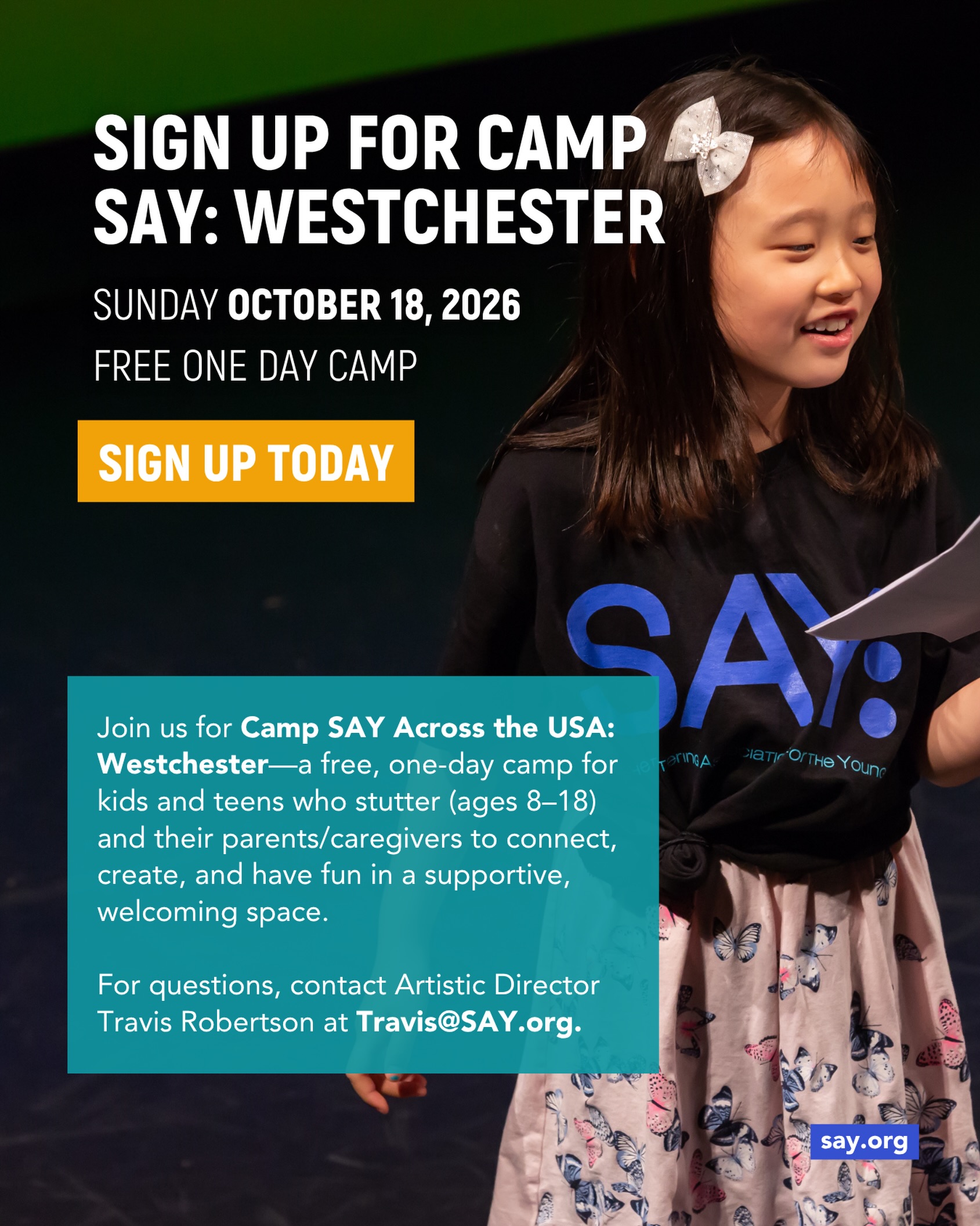 The Camp SAY experience returns to Westchester County! We welcome young people who stutter in the greater New York region to join us for Camp SAY: Across the USA — Westchester, a free, one-day camp located in Pleasantville, New York. It will take place on 🗓️Sunday, October 18, 2026, from 9am - 5pm.

Campers will have the opportunity to share their creative voices, boost their self-confidence, and form lasting friendships. Campers will also enjoy a variety of exciting activities that foster community, creativity, and teamwork. The program is led by SAY’s Artistic Director, Travis Robertson, along with SAY’s Programming Associate, Danielle Leneé, and our team of experienced Teaching Artists! 🔗 Sign up using the link in bio.

Camp SAY: Across the USA — Westchester is made possible by a grant provided by County Legislator Margaret Cunzio and support from the National Endowment for the Arts.