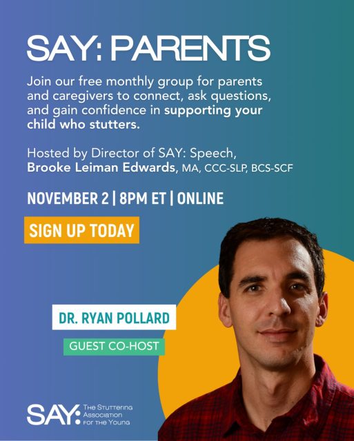 Connect with fellow parents! 🗓️ Join us on Monday, November 2nd, 2026, at 8 pm ET for SAY: Parents, our free monthly group for parents and caregivers of children who stutter. November’s co-host is Dr. Ryan Pollard.
This welcoming space is designed to help you connect, ask questions, and build confidence as you support your child’s journey. You’ll meet adults who stutter, fellow parents, and speech therapists, and have honest conversations about successes, challenges like IEPs and bullying, and strategies to build self-assurance.
🔗 Sign up using the link in our bio!